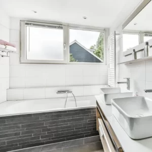 Renovated bathroom in a suburban home with updated fixtures